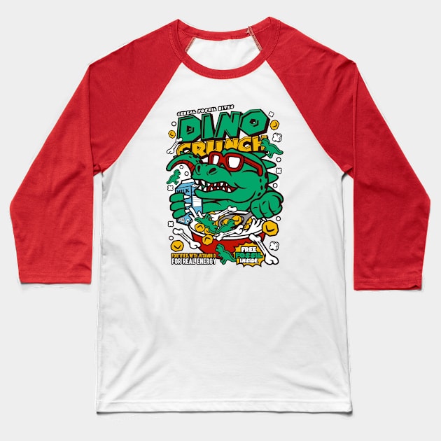 Retro Cartoon Cereal Box // Dino Crunch // Funny Vintage Breakfast Cereal Baseball T-Shirt by SLAG_Creative